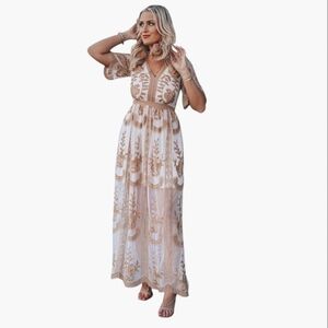 Honey Punch Embroidered Colorful Lace Maxi Dress Bohemian Festival Boho Sheer SM